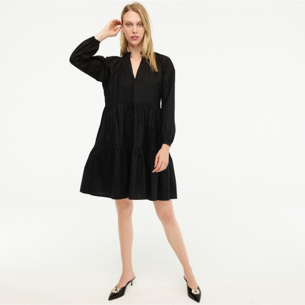 J. Crew Black Ruffle-Neck Tiered Cotton Poplin Popover Mini Dress - Size M